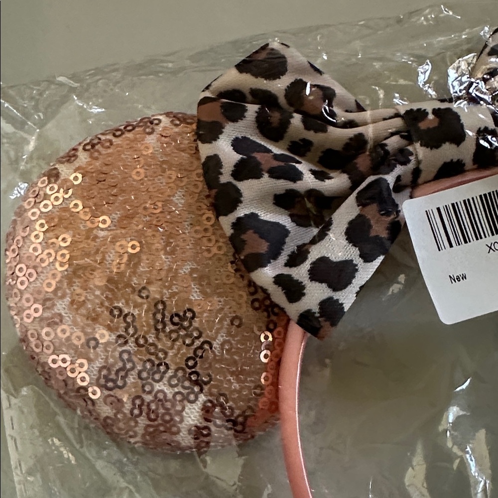 Disney Rose Gold Sequin Minnie Ears Headband with Leopard Bow - Picture 3 of 3